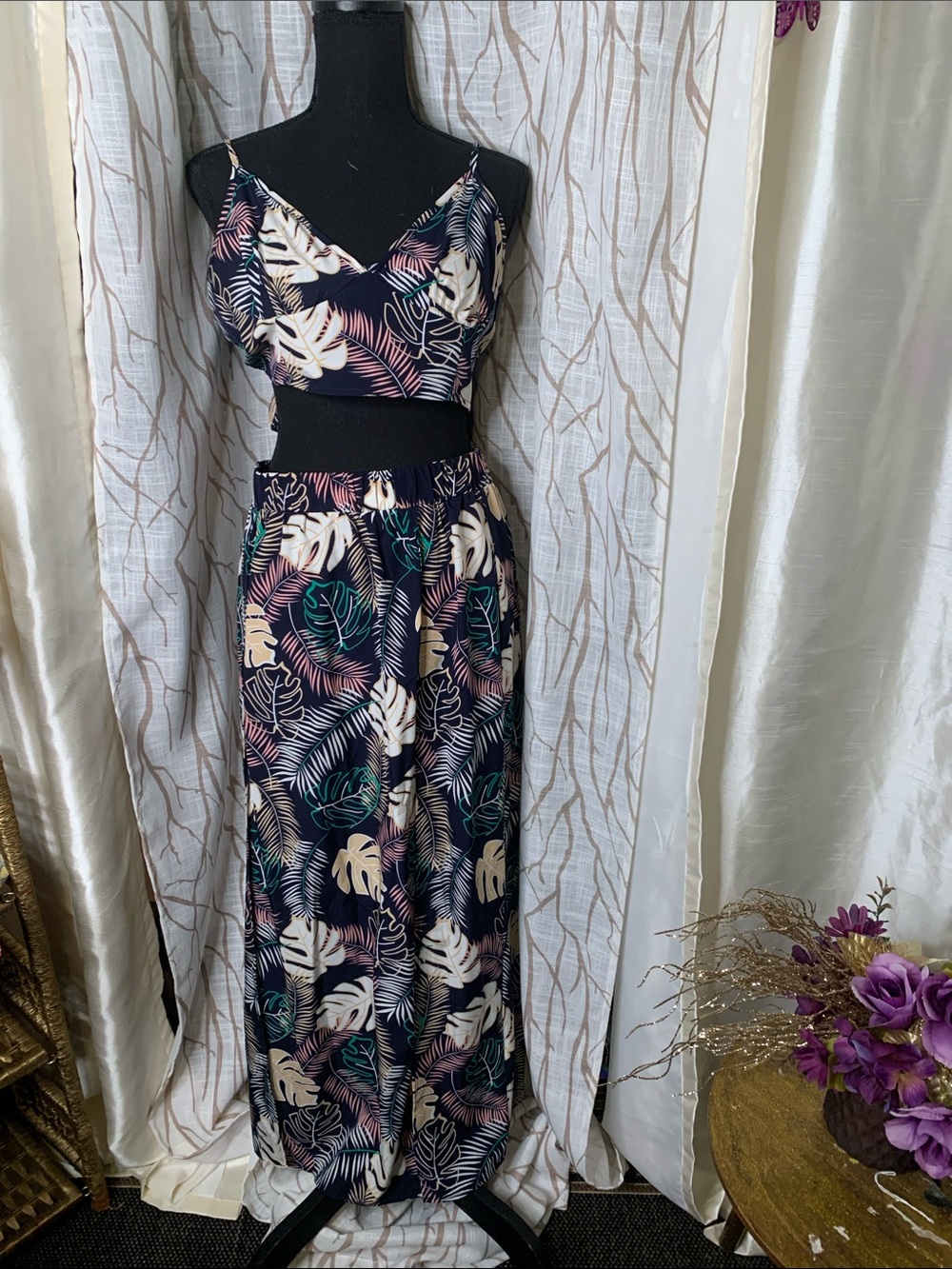 Tropical Leaf Print Maxi Skirt Set - Navy